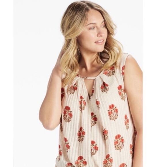 Lucky Brand Floral Oversized Flowy Sleeveless Tunic Top Sz L Linen Blend Ribbed - Picture 1 of 9